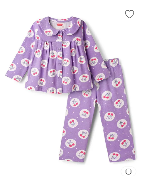 Babyhug Cotton Knit Full Sleeves Co-ord Night Suit With Cherry & Polka Dot Print - Lilac 4 - 5 Y